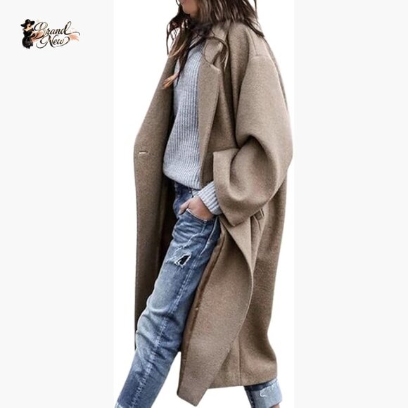 Oversized Wool Blend Trench Coat with Notched Collar and Button Closure